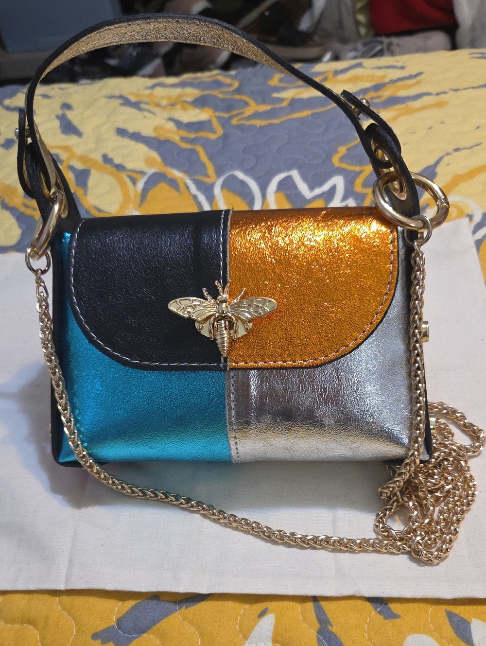Metallic Colorblock Bee Accent Shoulder Bag - Teal, Gold, Silver, Black